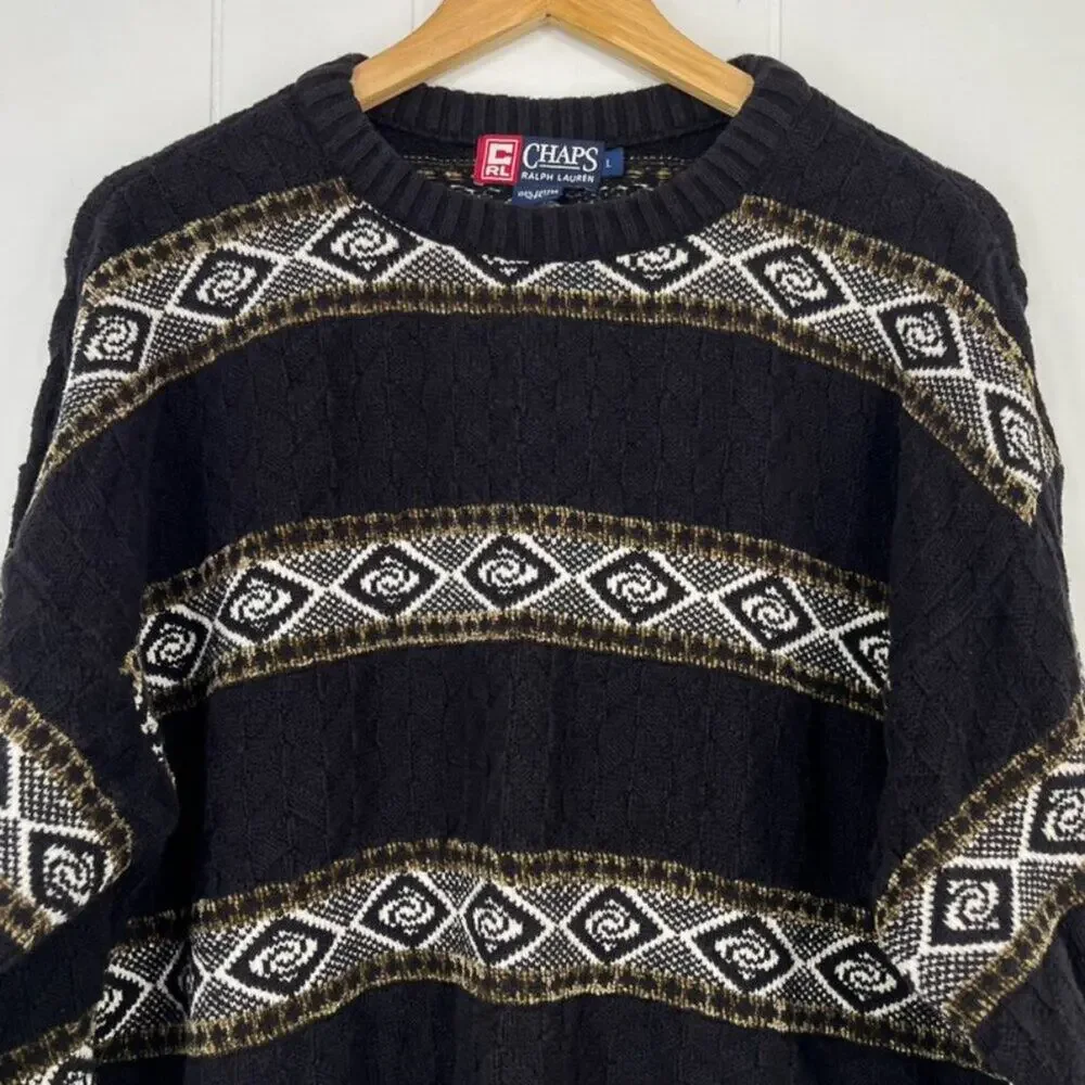 CHAPS Ralph Lauren VTG Chunky Sweater Crew Western Aztec USA Size Large Black